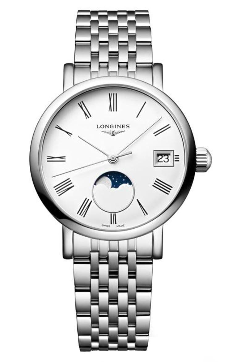 Elegant Collection Moonphase Bracelet Watch, 30mm, Main, color, WHITE