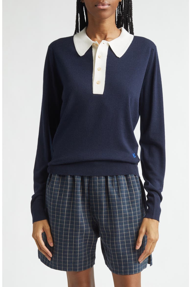 x John Smedley Two-Tone Long Sleeve Merino Wool Polo Sweater, Main, color, NAVY / IVORY