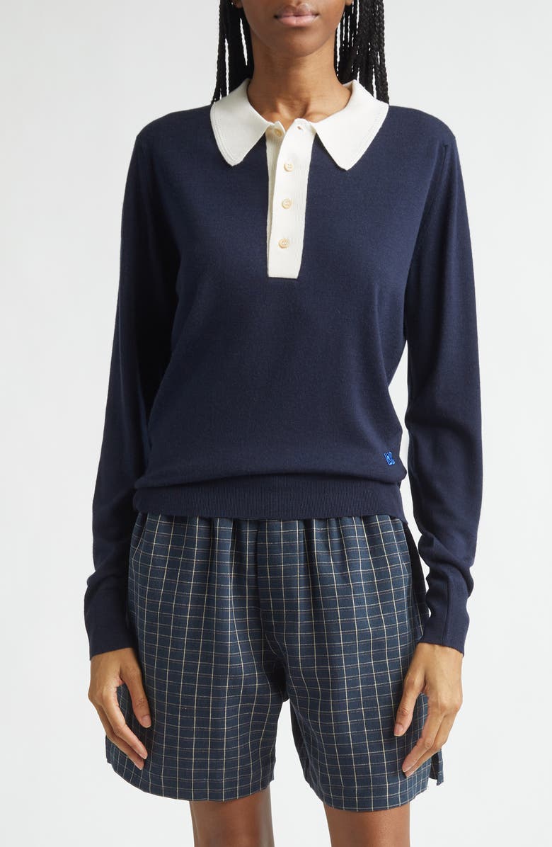 Wales Bonner x John Smedley Two-Tone Long Sleeve Merino Wool Polo Sweater, Main, color, Navy / Ivory