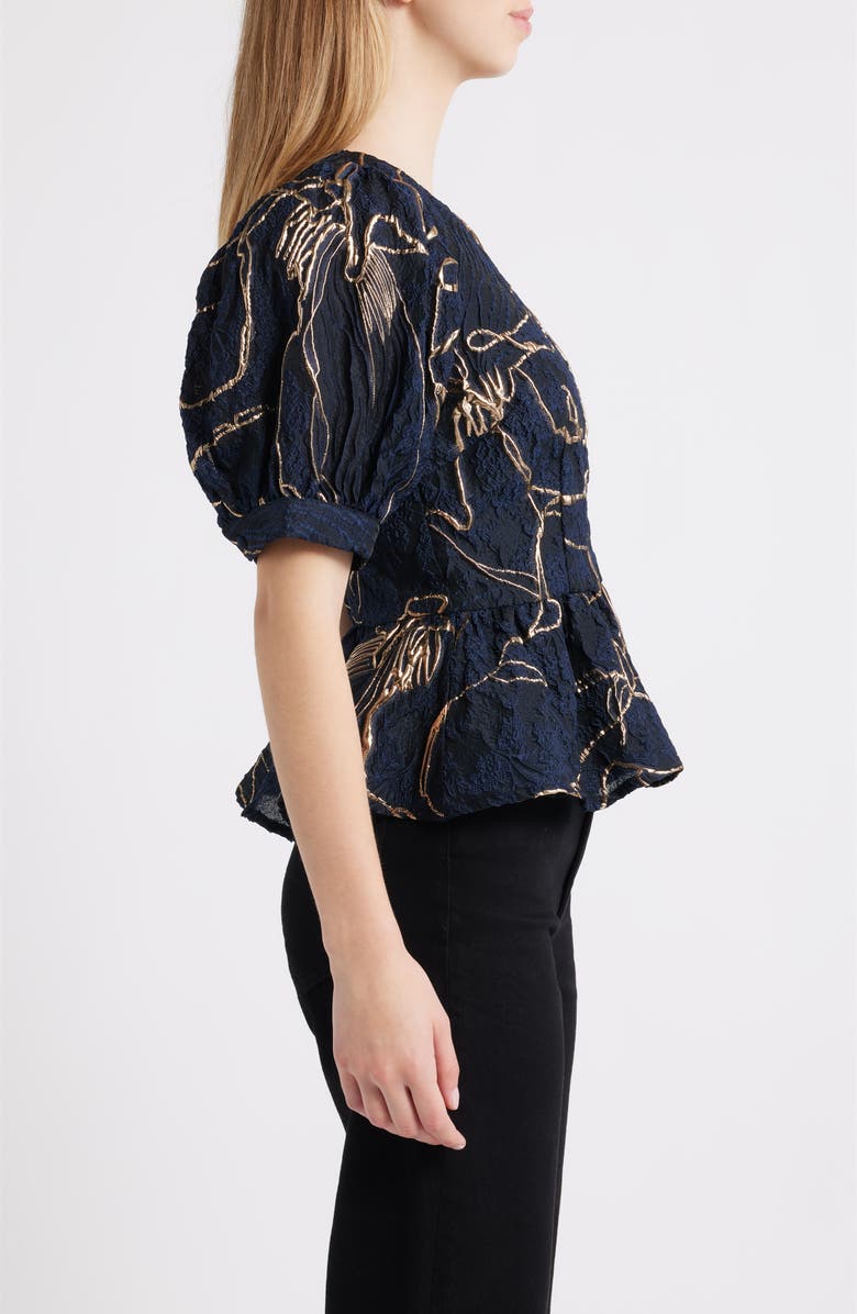 CIEBON Tonje Metallic Puff Sleeve Peplum Top, Alternate, color, Navy/ Gold