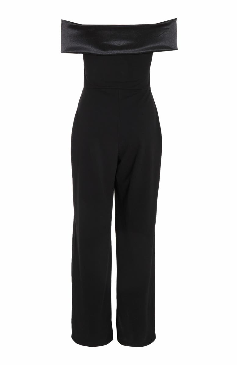 QUIZ Bardot Scuba Crepe Jumpsuit With Satin Trim, Alternate, color, 