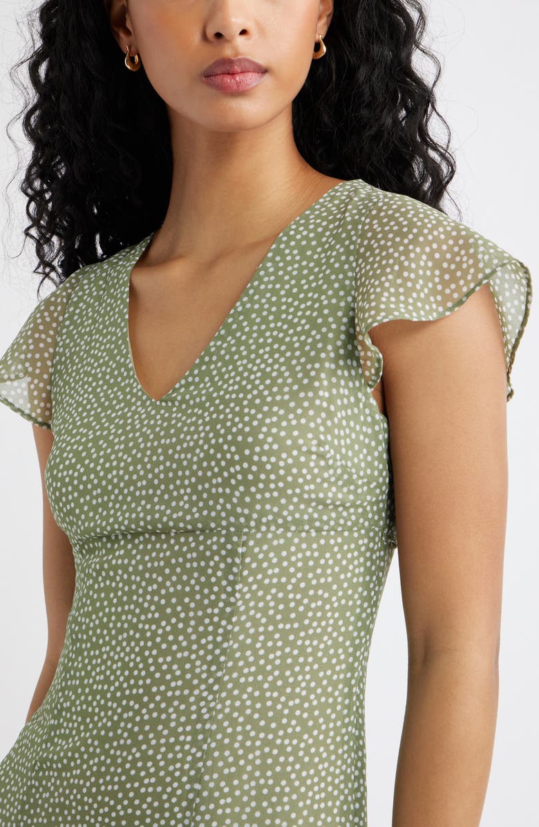 Open Edit Short Sleeve Godet Pleat Dress, Alternate, color, Olive- White Dense Dot
