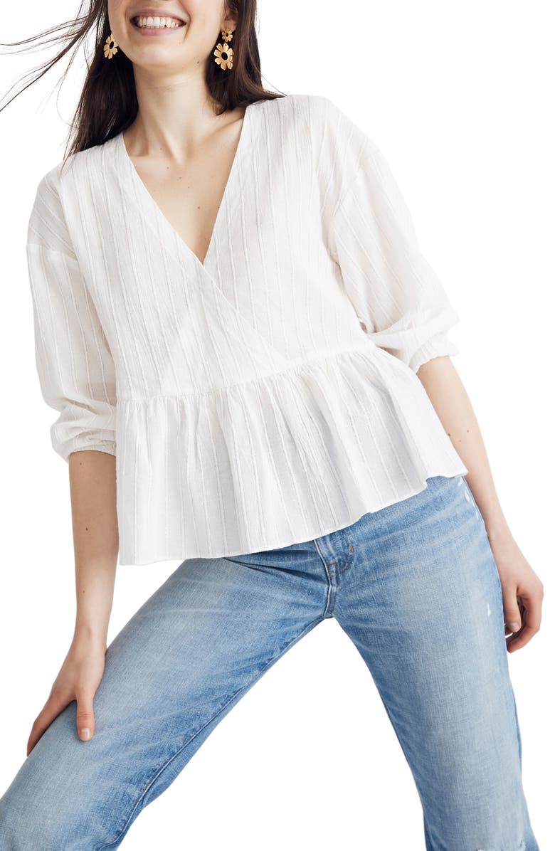 Madewell Metallic Stripe Bubble Sleeve Peplum Top, Main, color, 