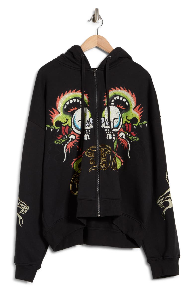 Dragon Skulls Rhinestone Boxy Zip Hoodie, Alternate, color, BLACK