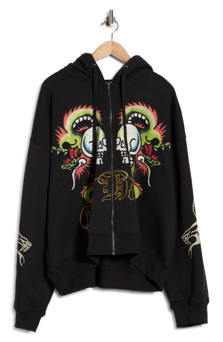 Ed Hardy Dragon Skulls Rhinestone Boxy Zip Hoodie, Alternate, color, Black