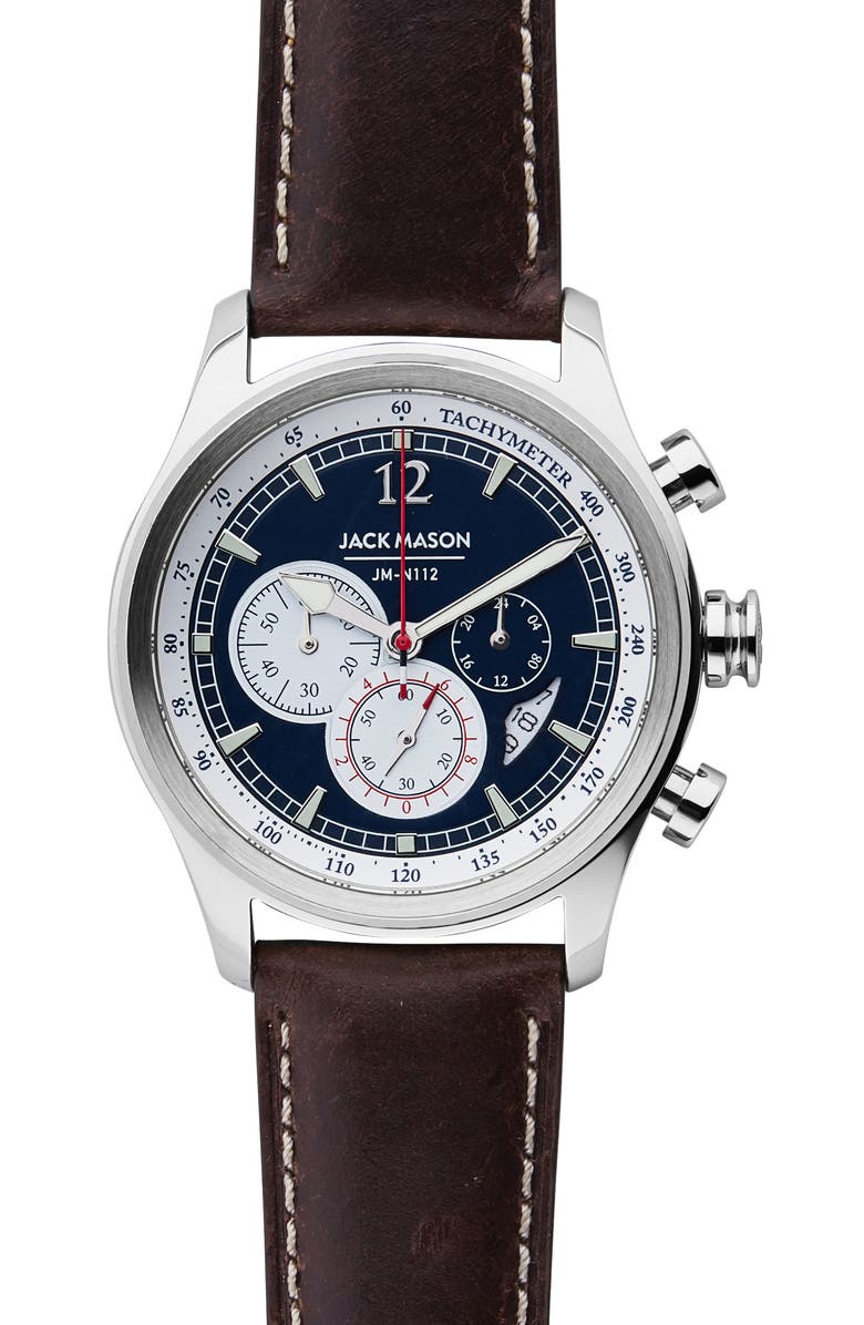 Jack Mason Nautical Chronograph Leather Strap Watch, 42mm, Main, color, 