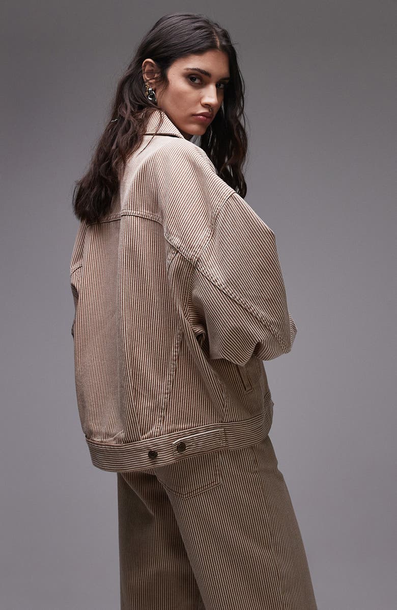 Topshop Stripe Denim Balloon Sleeve Jacket, Alternate, color, Rust Multi