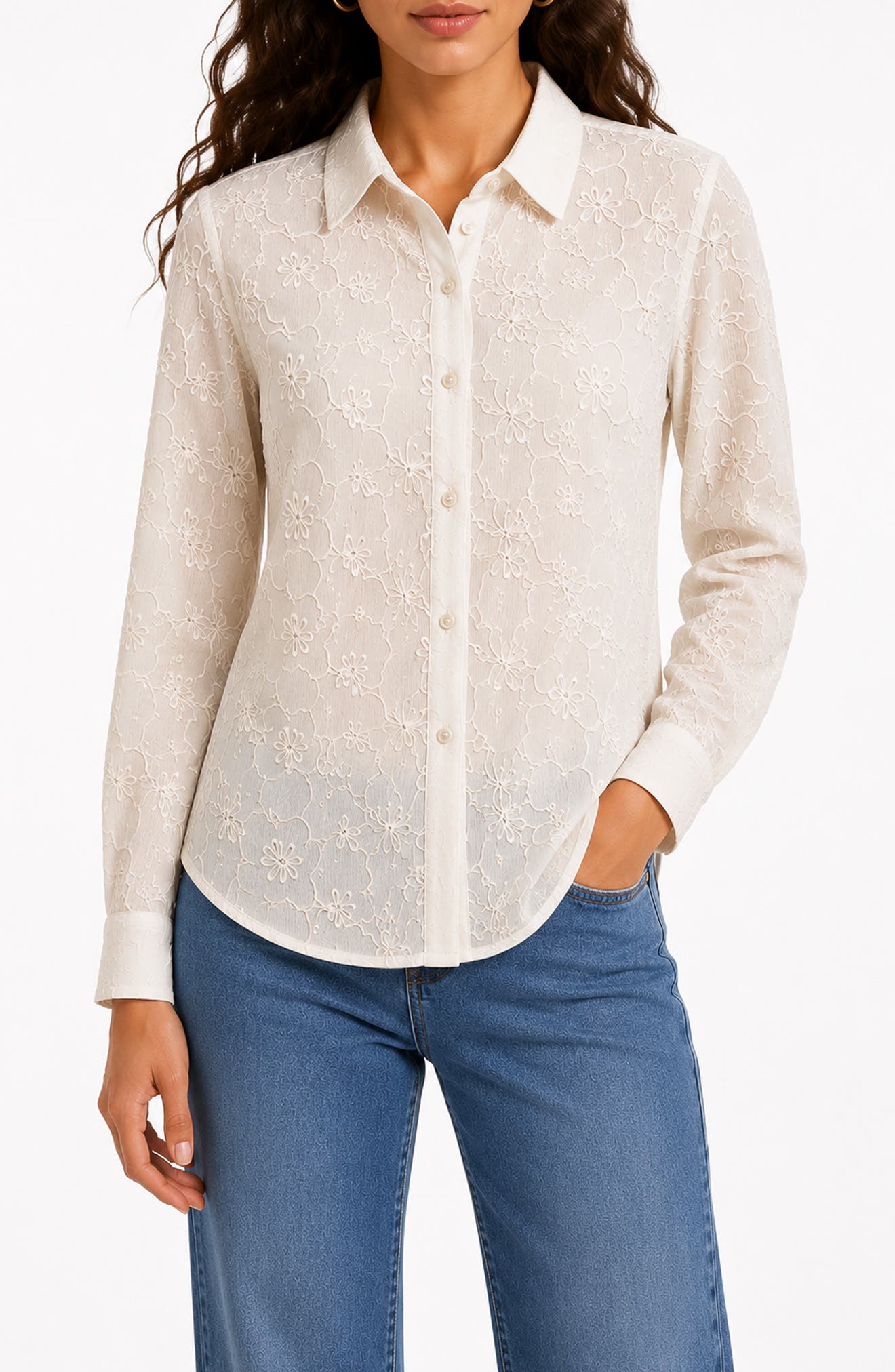 Sheer Flower Button-Up Shirt