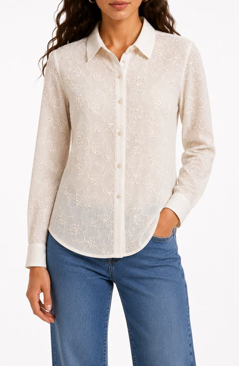 Sheer Flower Button-Up Shirt