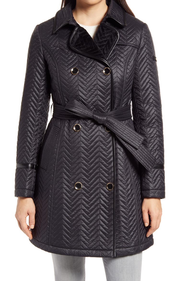 Water Resistant Double Breasted Faux Fux Collar Quilted Coat, Alternate, color, BLACK