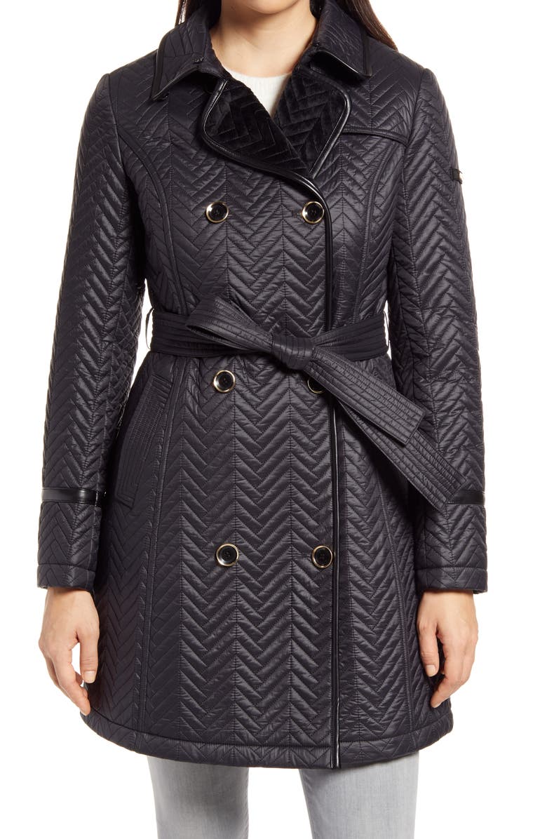 Via Spiga Water Resistant Double Breasted Faux Fux Collar Quilted Coat, Alternate, color,