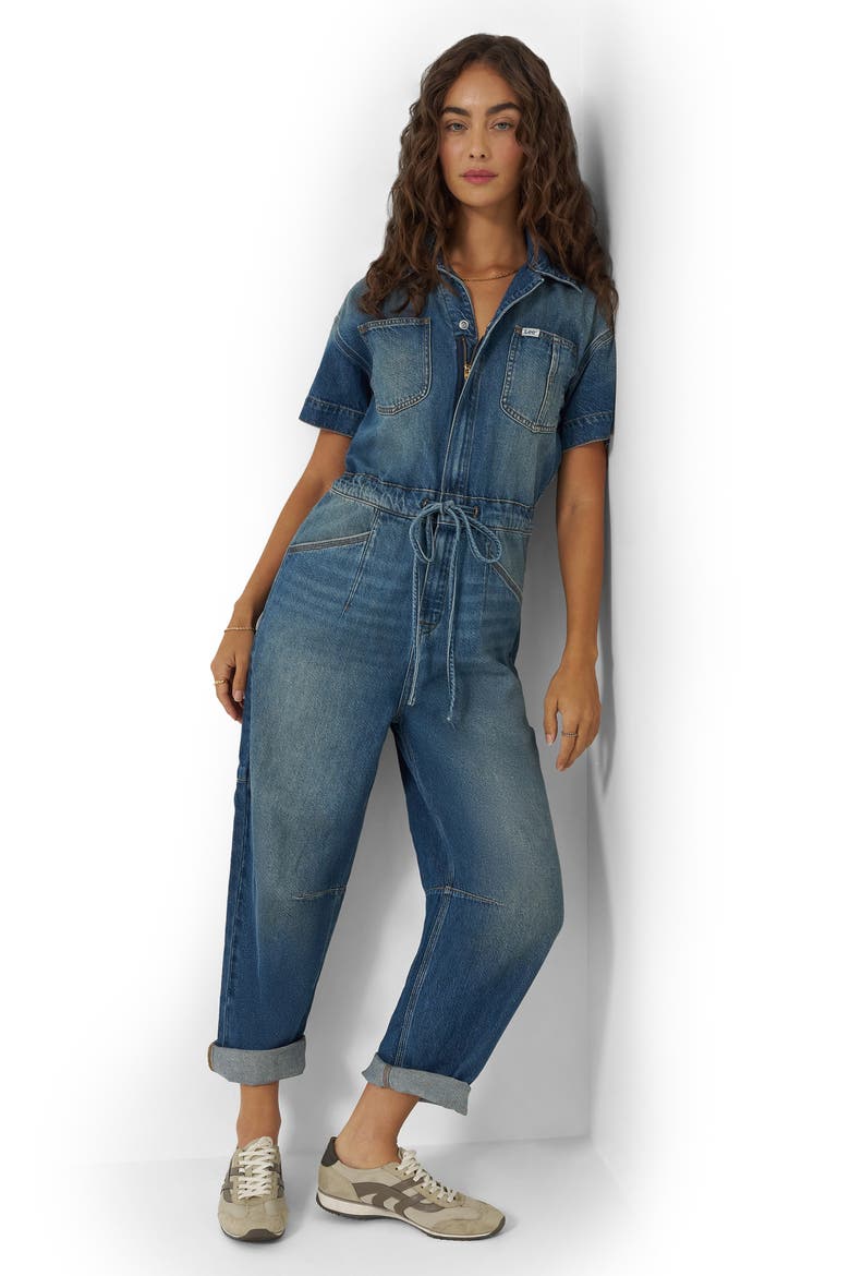 Denim Barrel Leg Union-All Jumpsuit, Alternate, color, HEAVY RAINFALL