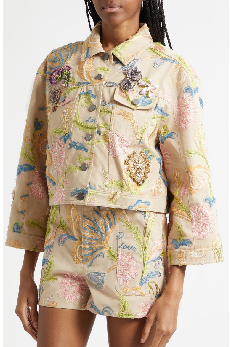 Addie Beaded Embroidered Detail Trucker Jacket, Alternate, color, KHAKI MULTI