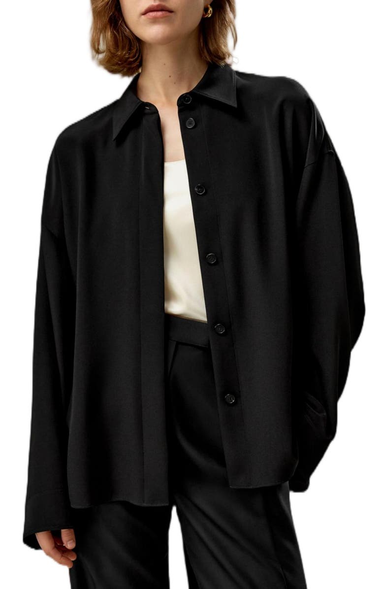 Lilysilk Relaxed Fit Drape Oversized Silk Shirt, Main, color, Black