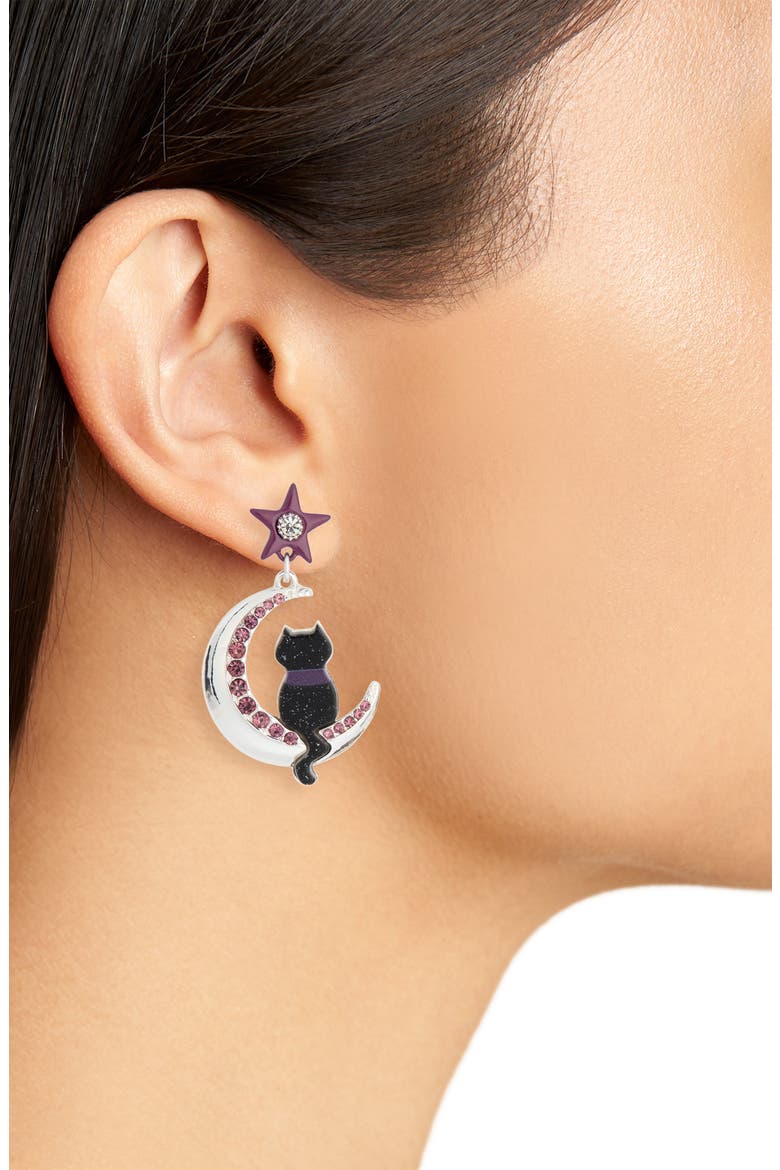 Halloween Black Cat Dropped Earrings, Alternate, color, BLACK MULTI- SILVER
