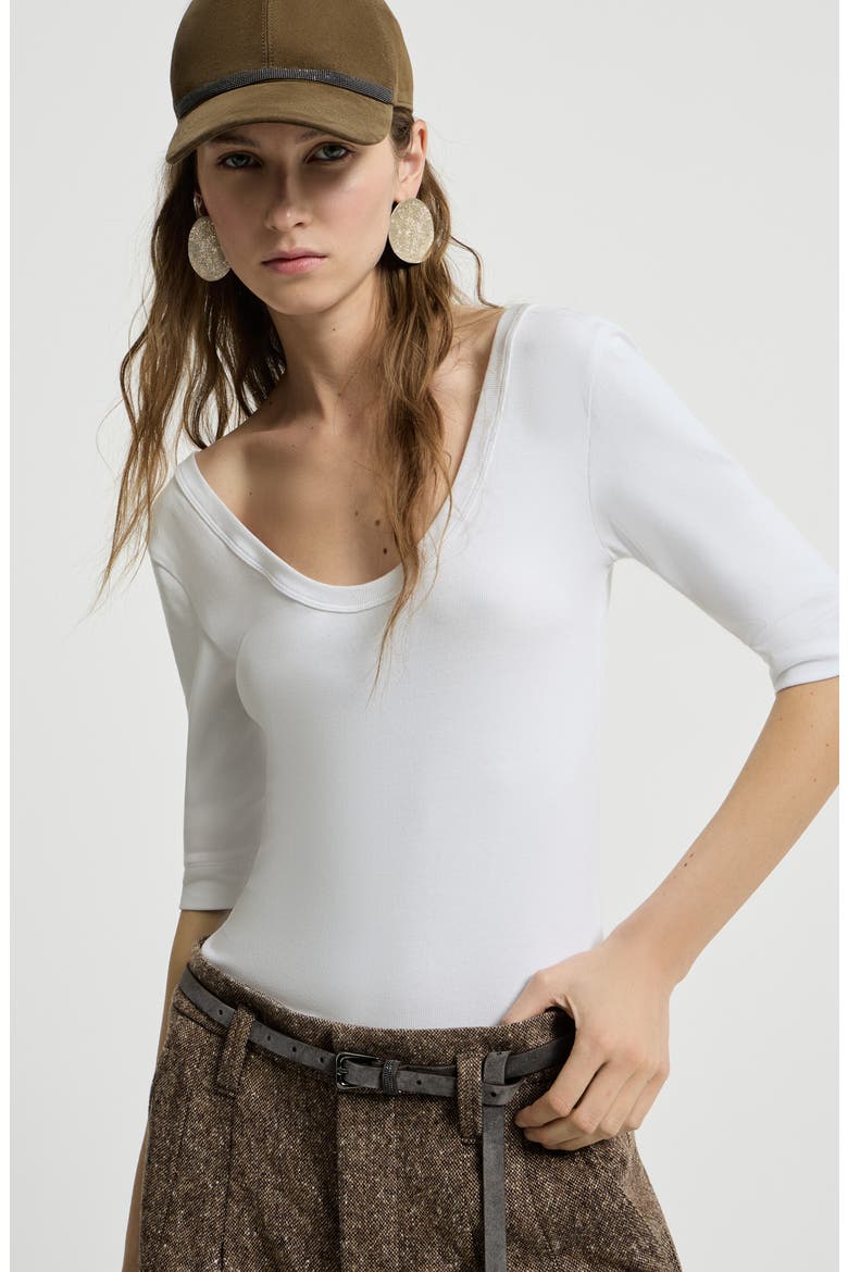 Stretch cotton ribbed jersey T-shirt with monili, Alternate, color, White