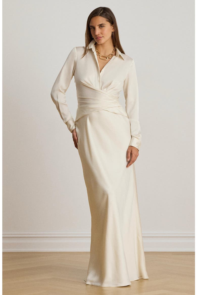 Featherweight Satin Charmeuse Shirtdress Gown, Alternate, color, MASCARPONE CREAM
