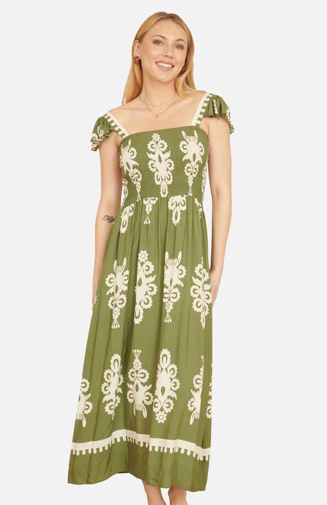 Block Print Ruched Maxi Dress