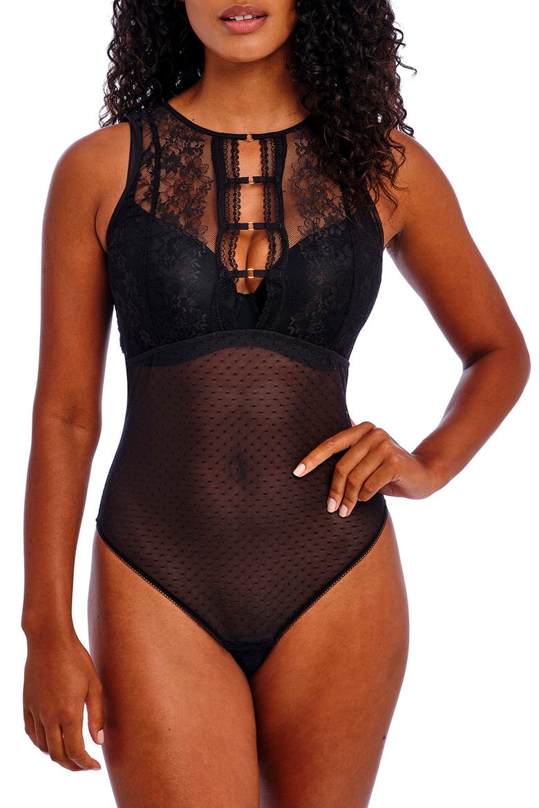 Sydnie Lace Thong Bodysuit, Main, color, BLACK