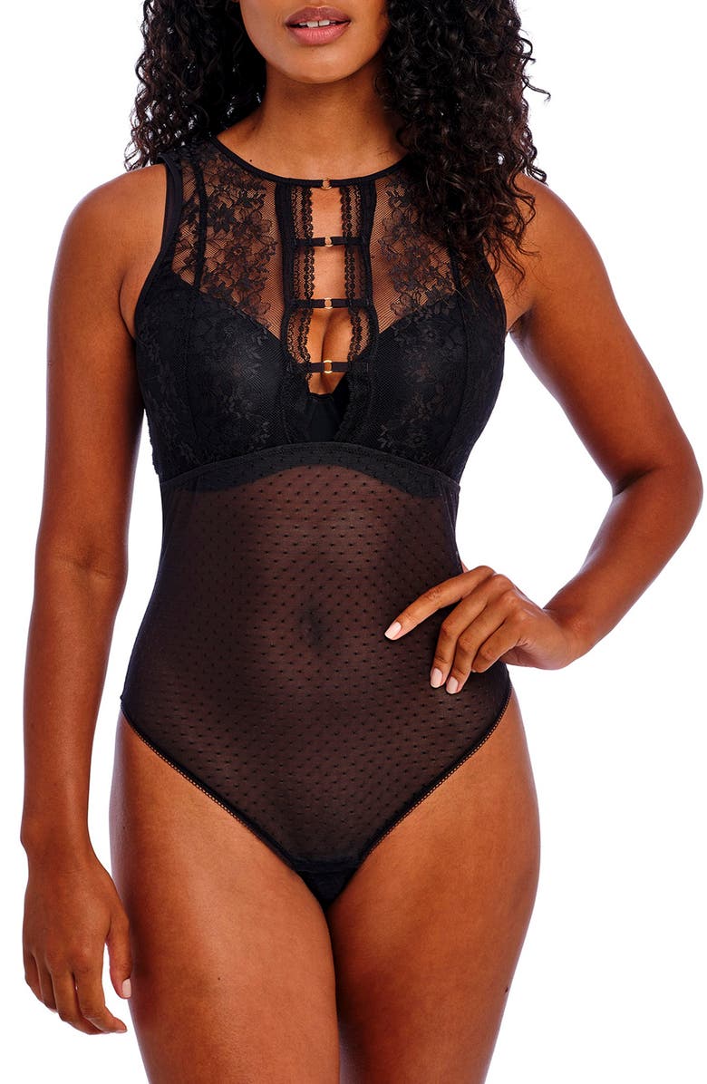 Freya Sydnie Lace Thong Bodysuit, Main, color, Black