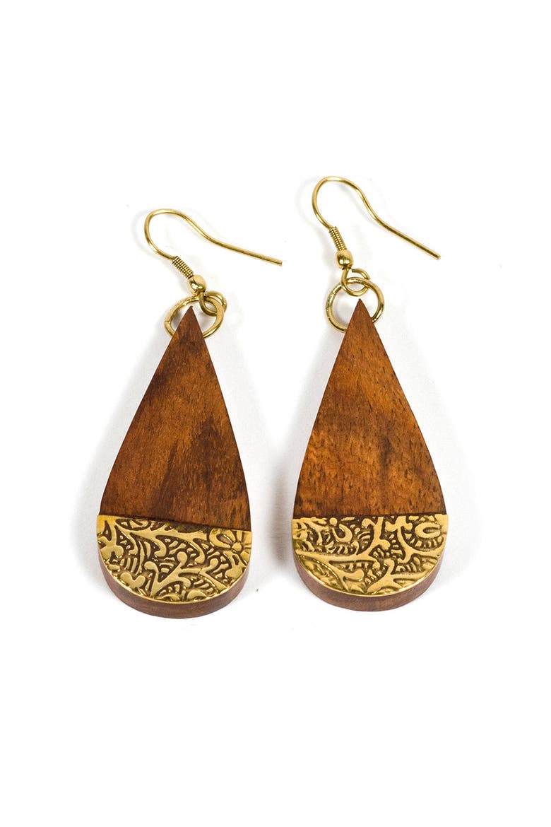 Earth and Fire Teardrop Earrings - Wood, Etched Brass, Main, color, Brass