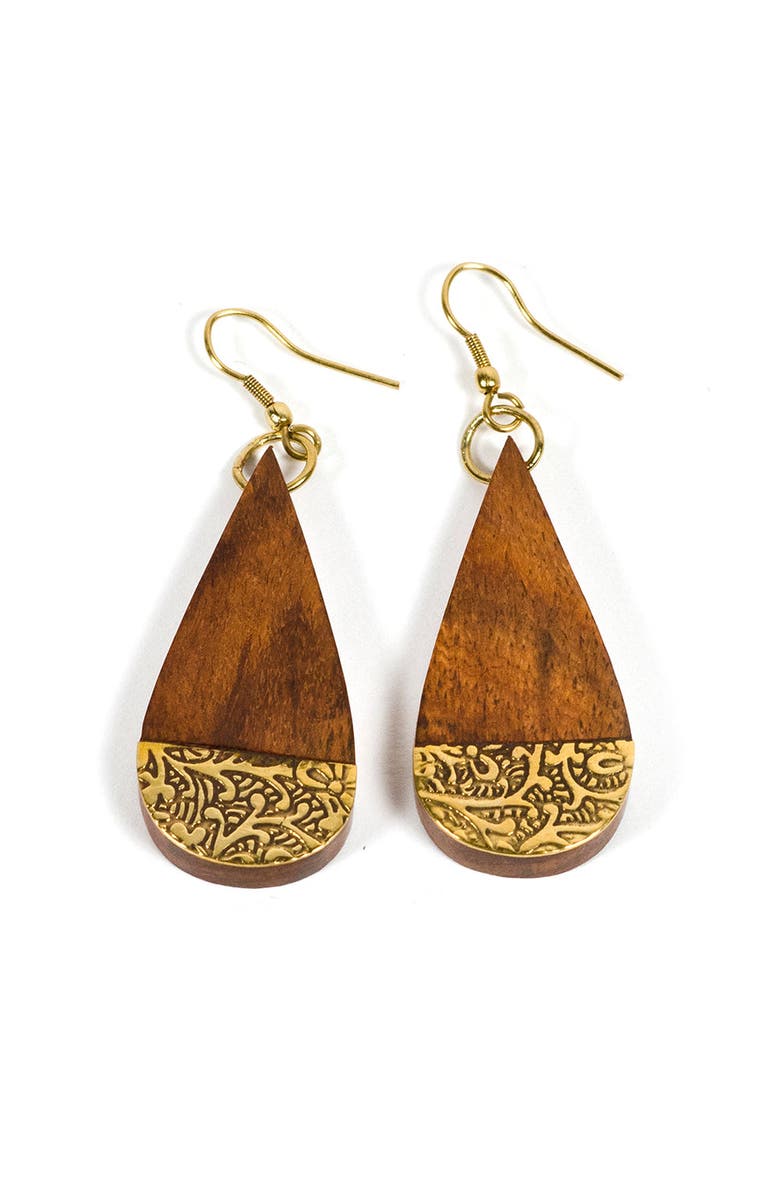 Matr Boomie Earth and Fire Teardrop Earrings - Wood, Etched Brass, Main, color, Brass