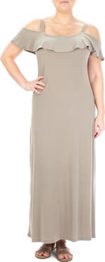 Nina Leonard Ruffle Cold Shoulder Maxi Dress