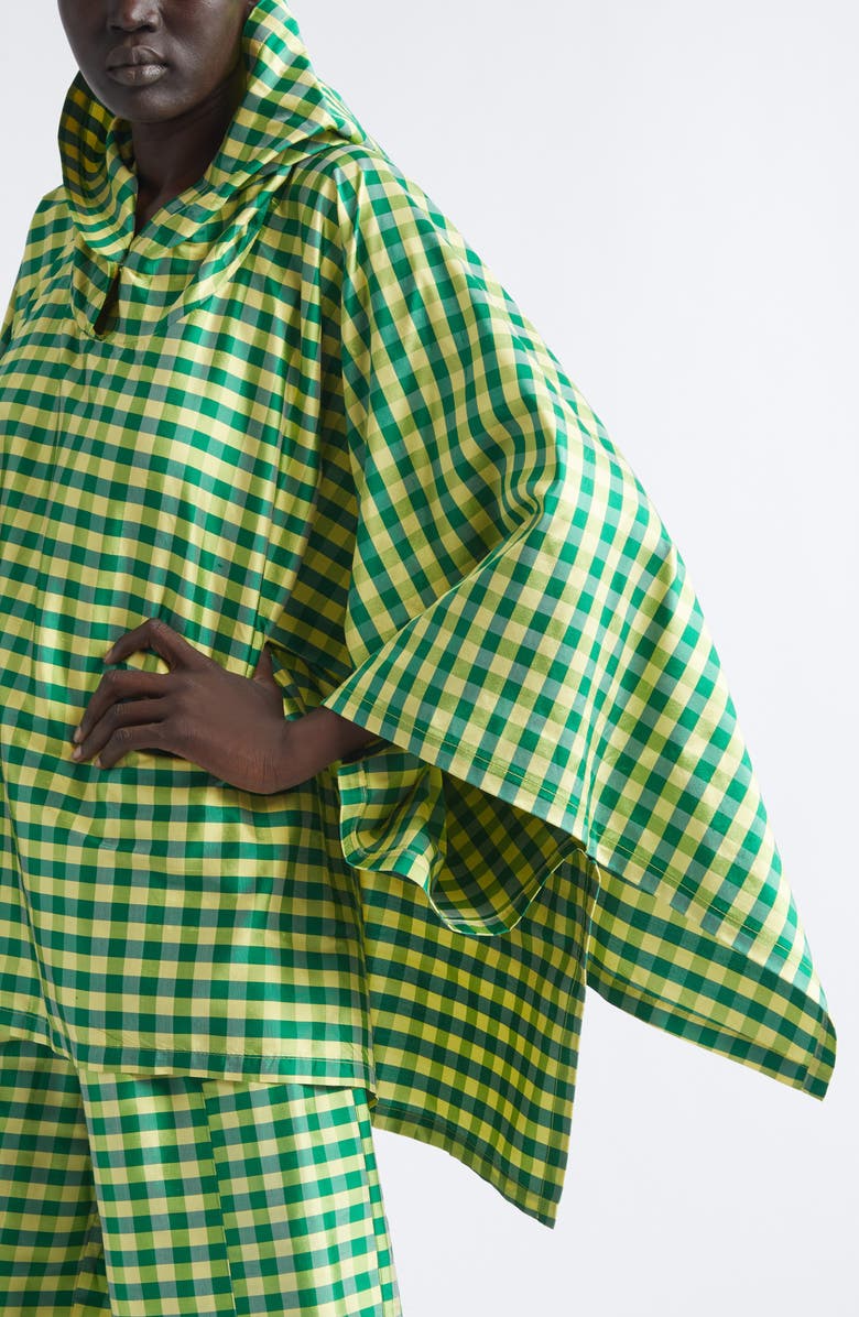COMING OF AGE Gingham Check Silk Taffeta Poncho, Alternate, color, Gingham Green Yellow