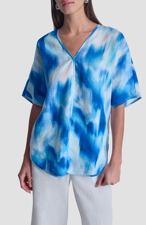 Print Colorblock Linen V-Neck Top