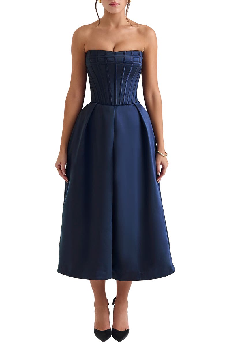 HOUSE OF CB Bellina Strapless Satin Midi Cocktail Dress, Main, color, Dress Blues