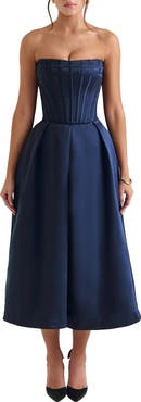 HOUSE OF CB Bellina Strapless Satin Midi Cocktail Dress