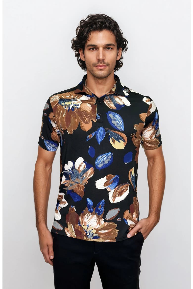 Wrinkle Resistant 3 Button Brown Floral Polo Shirt, Main, color, Blue Multi