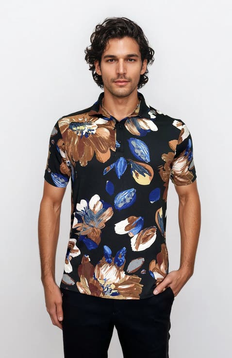 Wrinkle Resistant 3 Button Brown Floral Polo Shirt