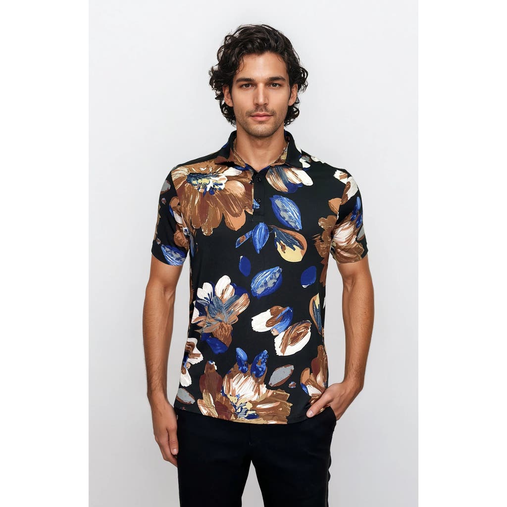 24sevenMen Wrinkle Resistant 3 Button Brown Floral Polo Shirt in Blue Multi  product