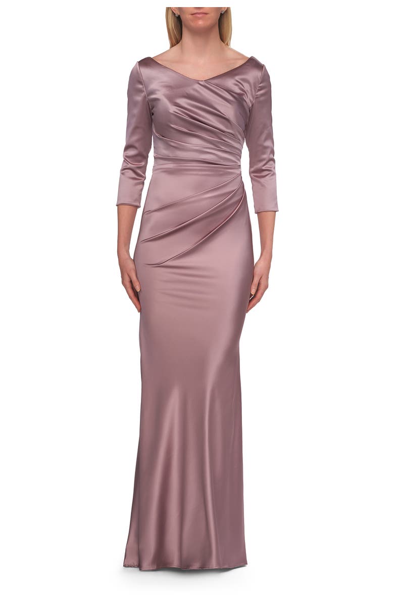 La Femme Satin Three Quarter Sleeve Draped Evening Gown, Main, color, Taupe