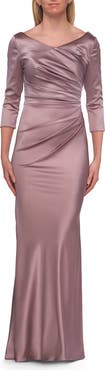 La Femme Satin Three Quarter Sleeve Draped Evening Gown