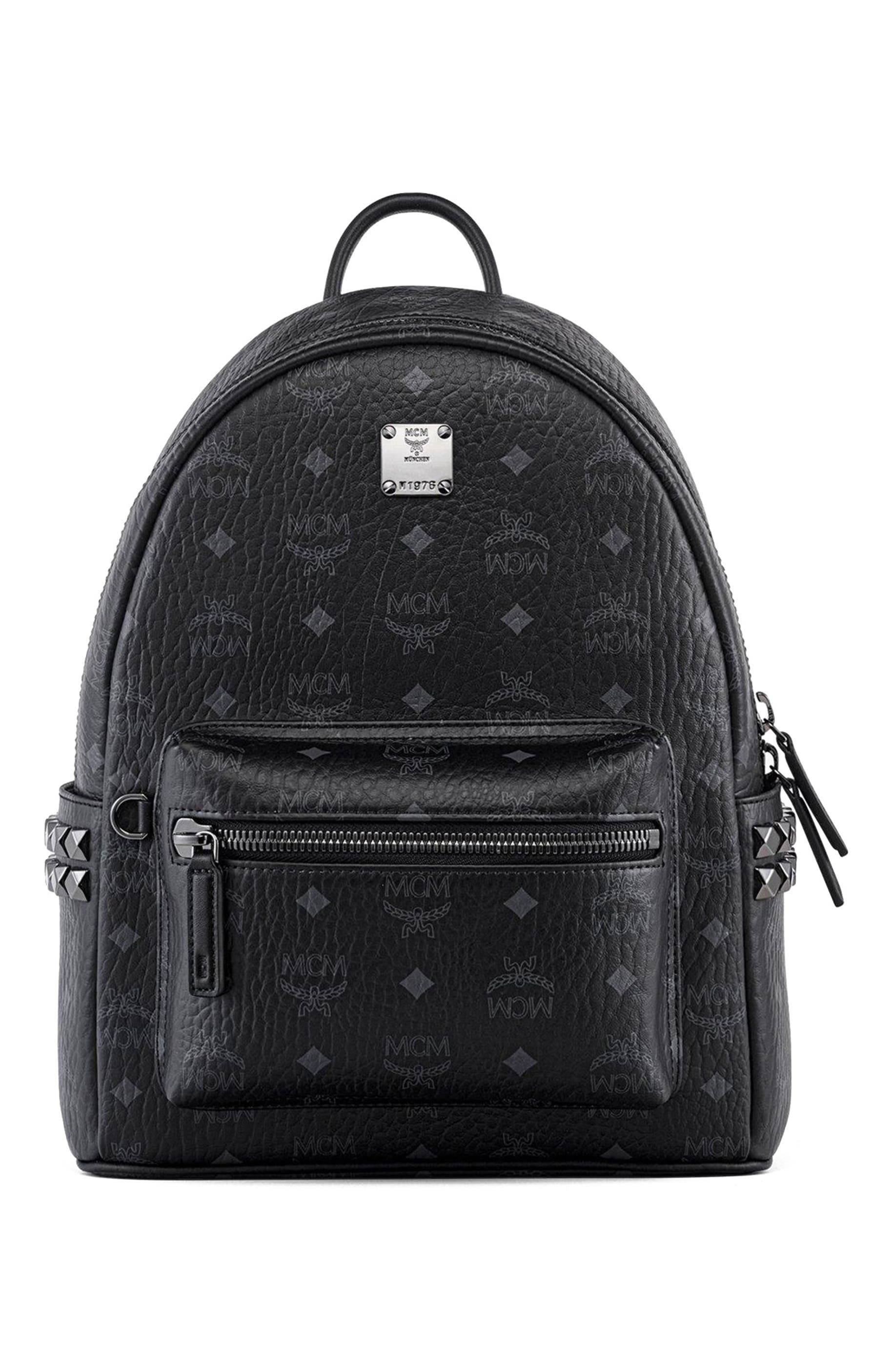 MCM Stark Side Studs Backpack in Visetos, Alternate, color, Black