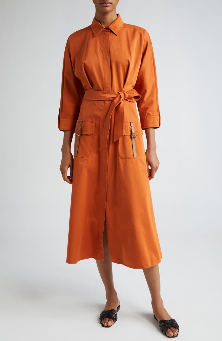 Max Mara Sibari Belt Pocket Detail Cotton Blend Shirtdress, Main, color,