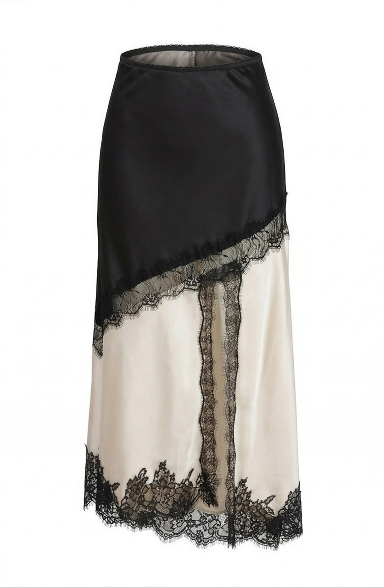 Modenaire Lace Trim Asymmetric Satin Midi Skirt with Contrast Panel, Alternate, color, Beige