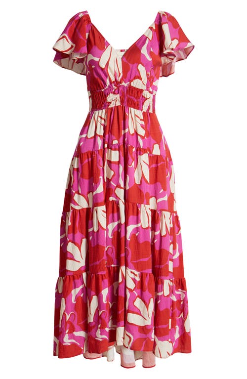 Melloday Printed Smocked Waist Maxi Sundress In Magenta Red