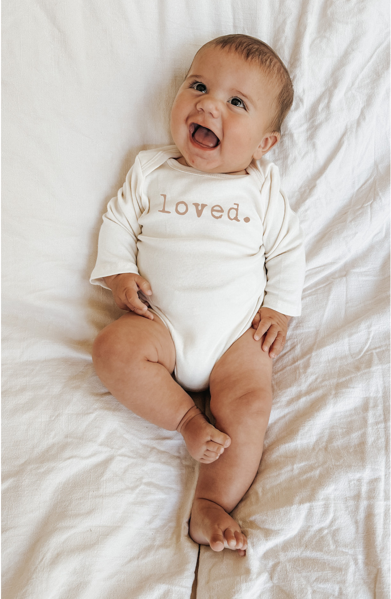 Tenth 
Pine Loved Organic Baby Bodysuit Long Sleeve, Alternate, color, Natural Clay Lettering