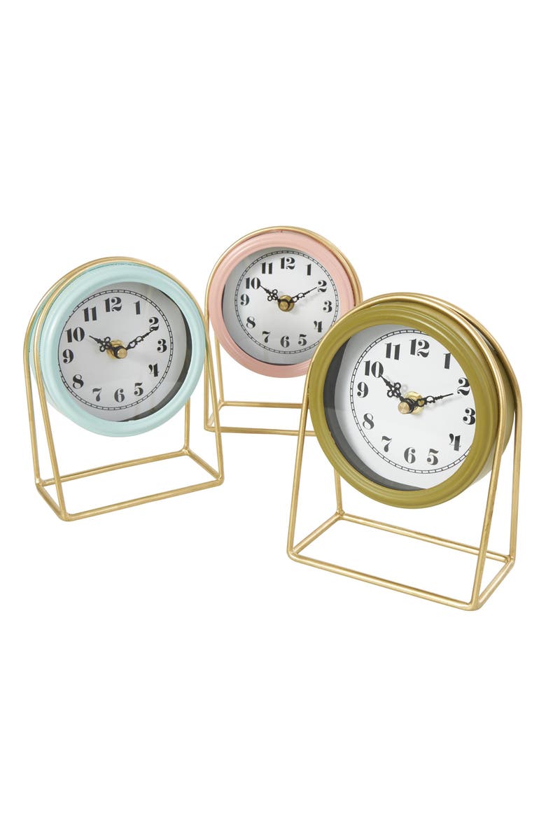 VIVIAN LUNE HOME Set of 3 Multicolored Metal Clocks, Alternate, color, Blue/ Pink/ Green Assorted