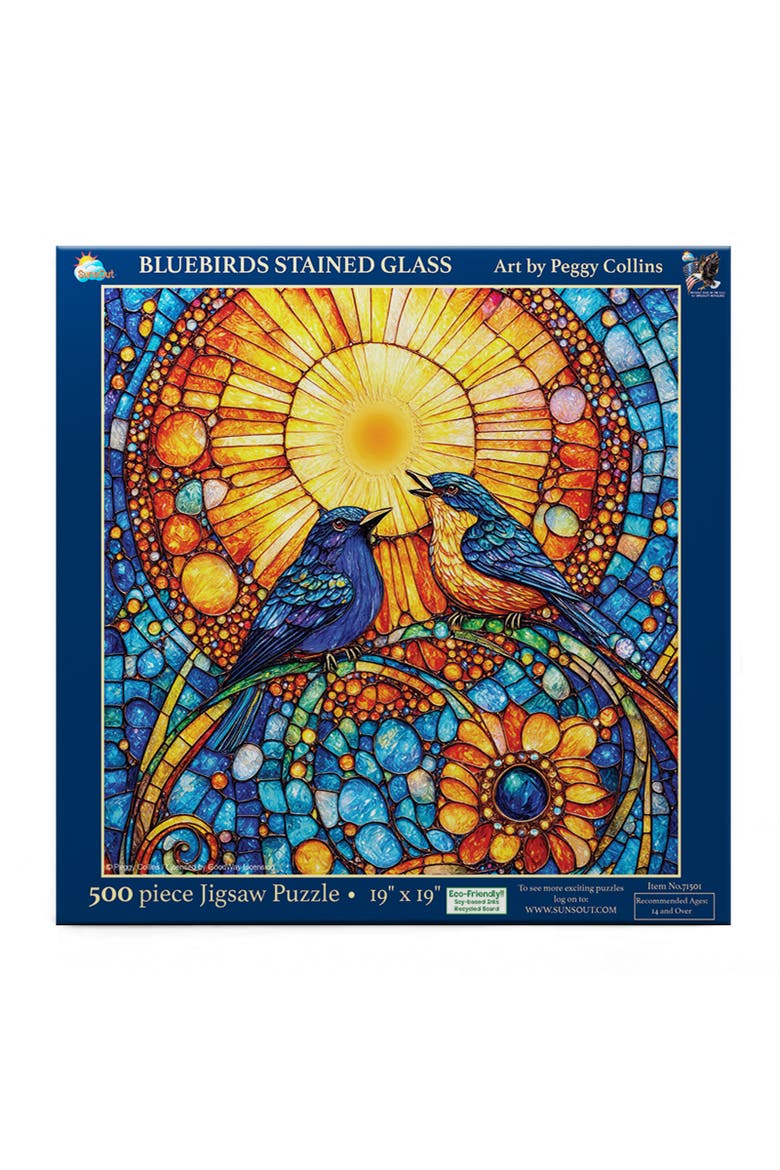 Bluebirds Stained Glass 500 piece Jigsaw Puzzle for Adults, Alternate, color, Multicolor