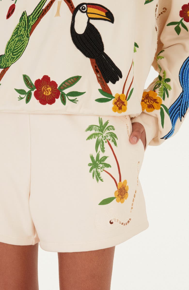 FARM Rio Coconut Trees Come To Rio Eyelet Fleece Shorts, Alternate, color, Off-White