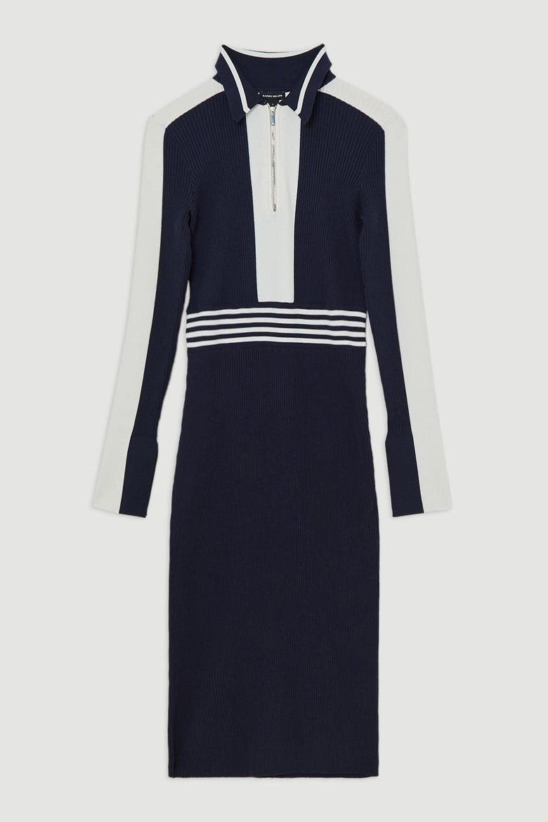 Rib Knit Polo Zip Up Midi Dress, Alternate, color, Navy