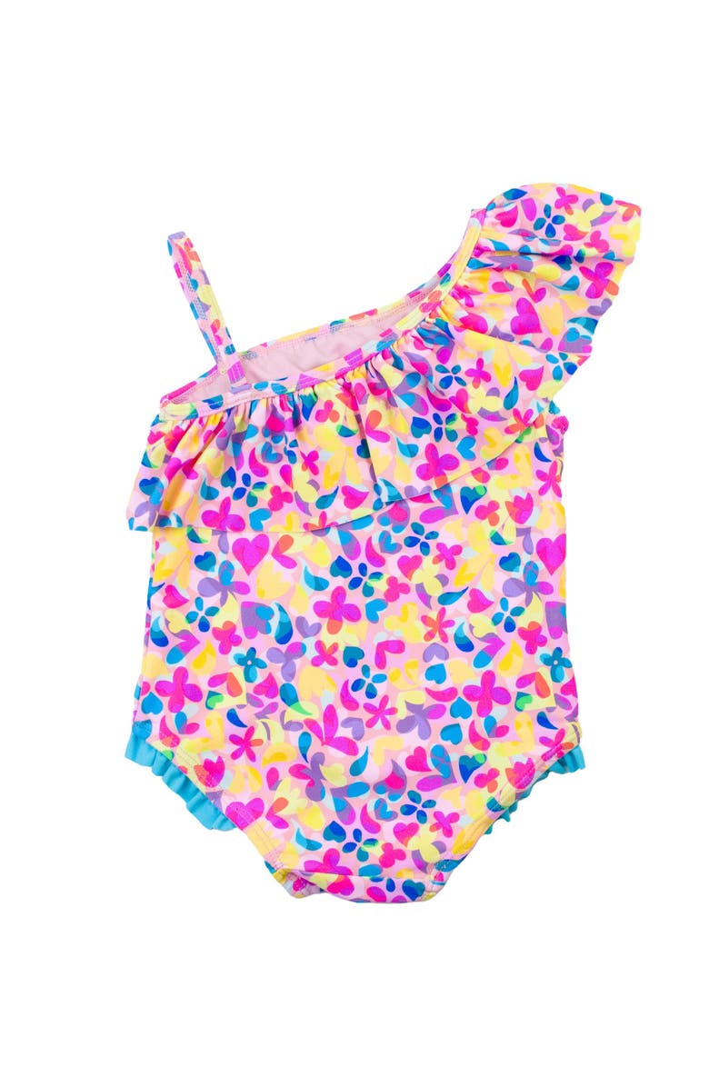 RuffleButts Girls UPF50+ Sun Protection One Shoulder Ruffle One Piece, Alternate, color, Vibrant Neon