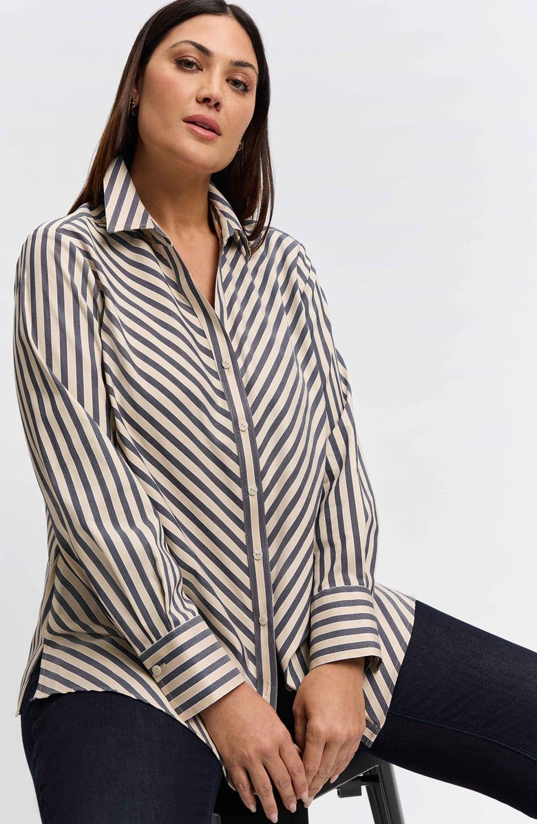 Foxcroft Mary Neutral Stripe Stretch Button-Up Shirt, Alternate, color, 