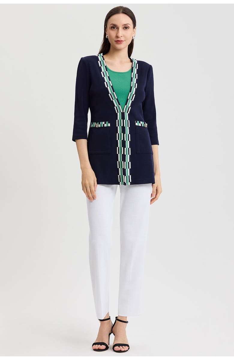 Ming Wang Heritage Checkered Trim Soft Knit Jacket, Alternate, color, Indigo/Kelly Green/Ivory