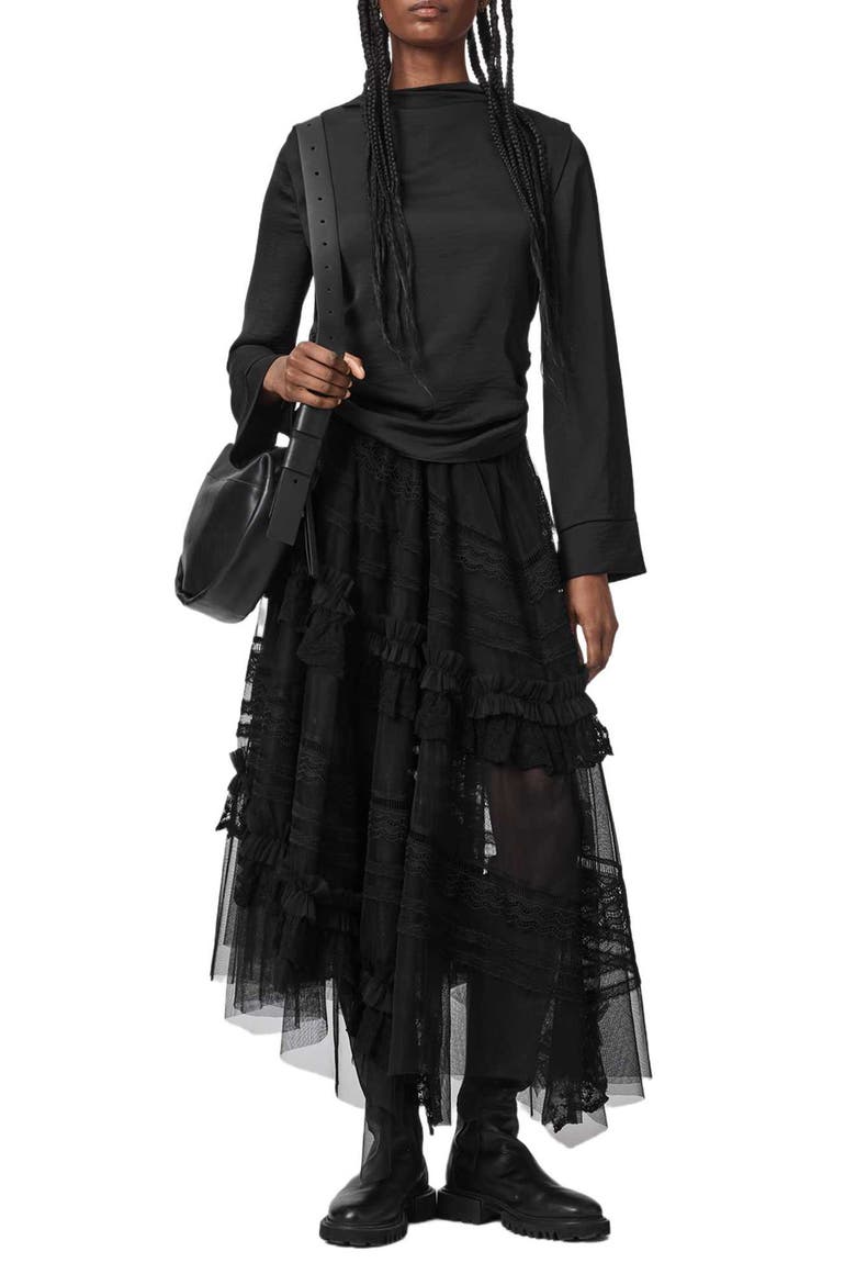 Jen Ruffle Lace Midi Skirt, Alternate, color, BLACK