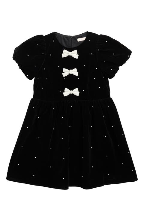 Kids' Faux Pearl Bow Puff Sleeve Velvet Minidress